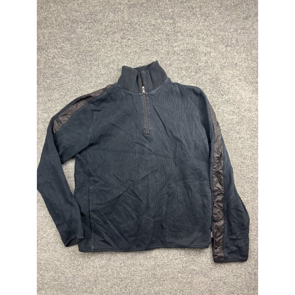 Hugo Boss Sweater Men's Large Navy Blue 1/4 Zip Pullover Mock Neck Striped‎